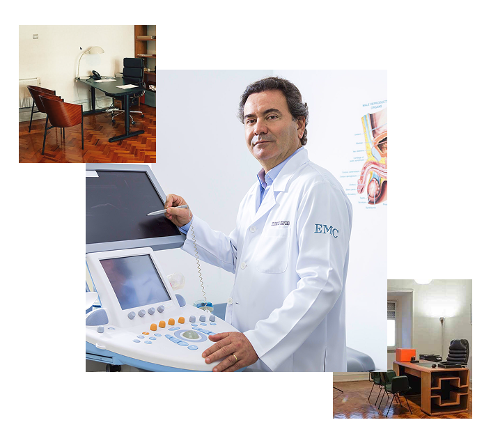 Duas fotos do escritório do Dr. Paulo Egydio sobrepostas ao próprio médico utilizando aparelho em seu consultório.