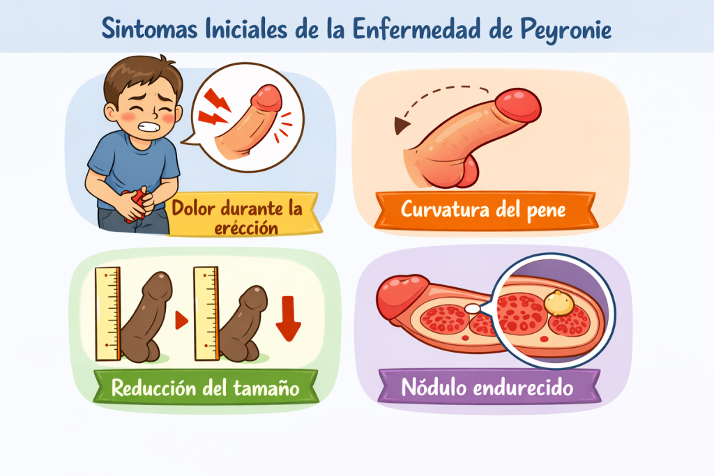 Infografía médica con diagrama del pene y flechas que indican los principales síntomas iniciales de la enfermedad de Peyronie, incluidos dolor durante la erección, curvatura del pene, pérdida de tamaño peniano y presencia de nódulo o área endurecida.