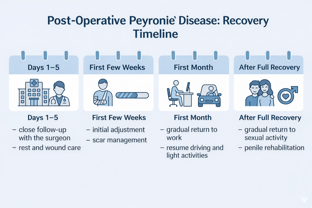Calendar-style infographic showing the timeline of the postoperative period of Peyronie’s disease, including recovery stages such as the first days after surgery, the initial healing weeks, the gradual return to daily activities, and rehabilitation until the resumption of sexual activity.