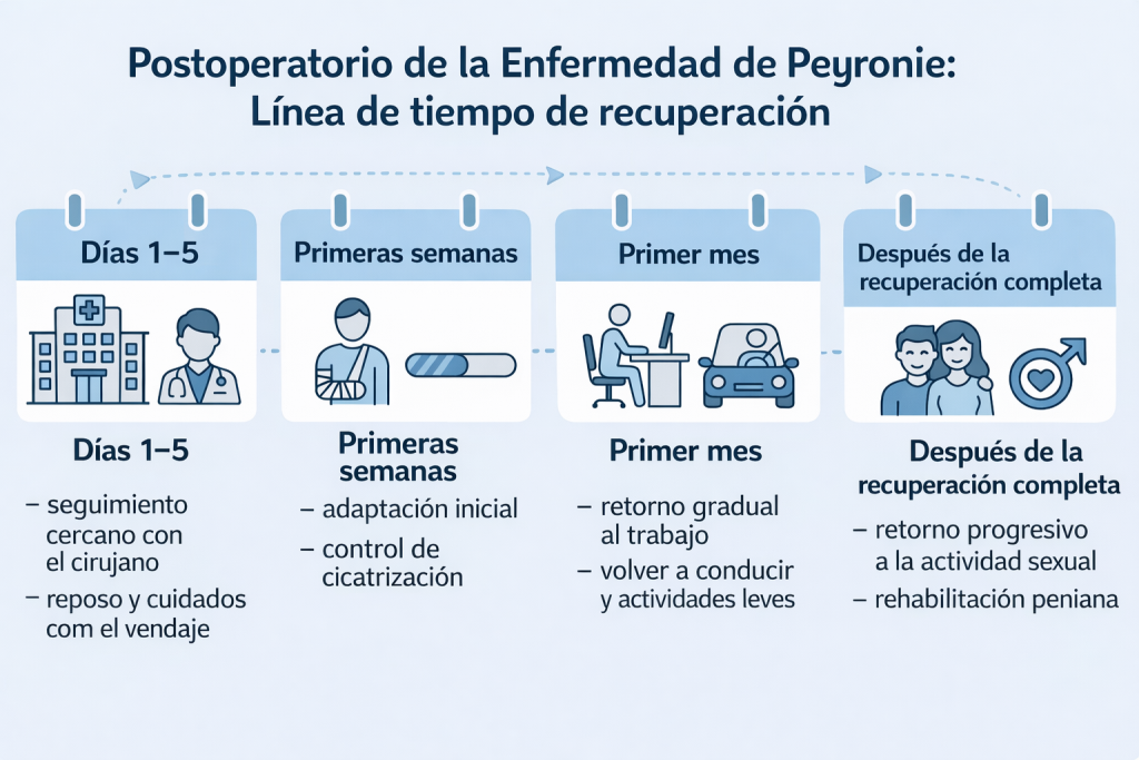 Infografía en formato de calendario que presenta la línea de tiempo del postoperatorio de la enfermedad de Peyronie, mostrando etapas de la recuperación como los primeros días después de la cirugía, las semanas iniciales de cicatrización, el retorno gradual a las actividades diarias y la rehabilitación hasta la reanudación de la vida sexual.