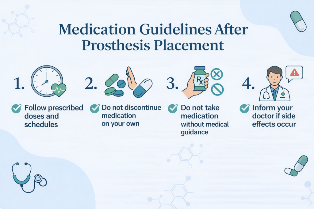 Checklist-style infographic on precautions when using medication after penile prosthesis placement, highlighting four guidelines: respect the prescribed dose and schedule, do not stop medication on your own, do not take medication without medical advice, and inform the doctor if side effects arise.