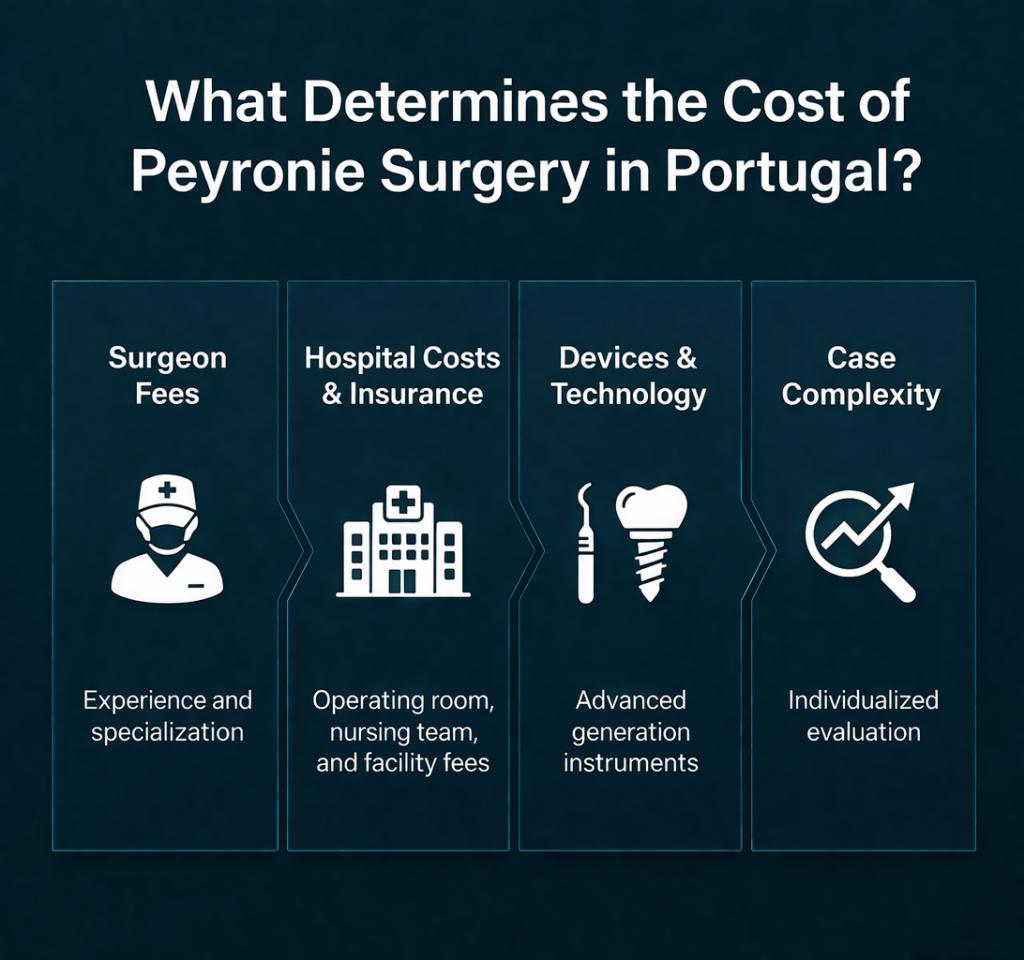 Clean infographic showing the main factors that influence Peyronie’s surgery price in Portugal. Medical fees: surgeon icon indicating experience and specialization. Hospital costs and safety: hospital icon, operating room, and nursing staff. Devices and technologies: prosthesis icon or advanced surgical instruments. Case complexity: chart or analysis icon representing individualized assessment. Deep teal background, white elements and text, minimalist and educational style, easy reading, and visual focus on understanding the factors that impact surgery cost.