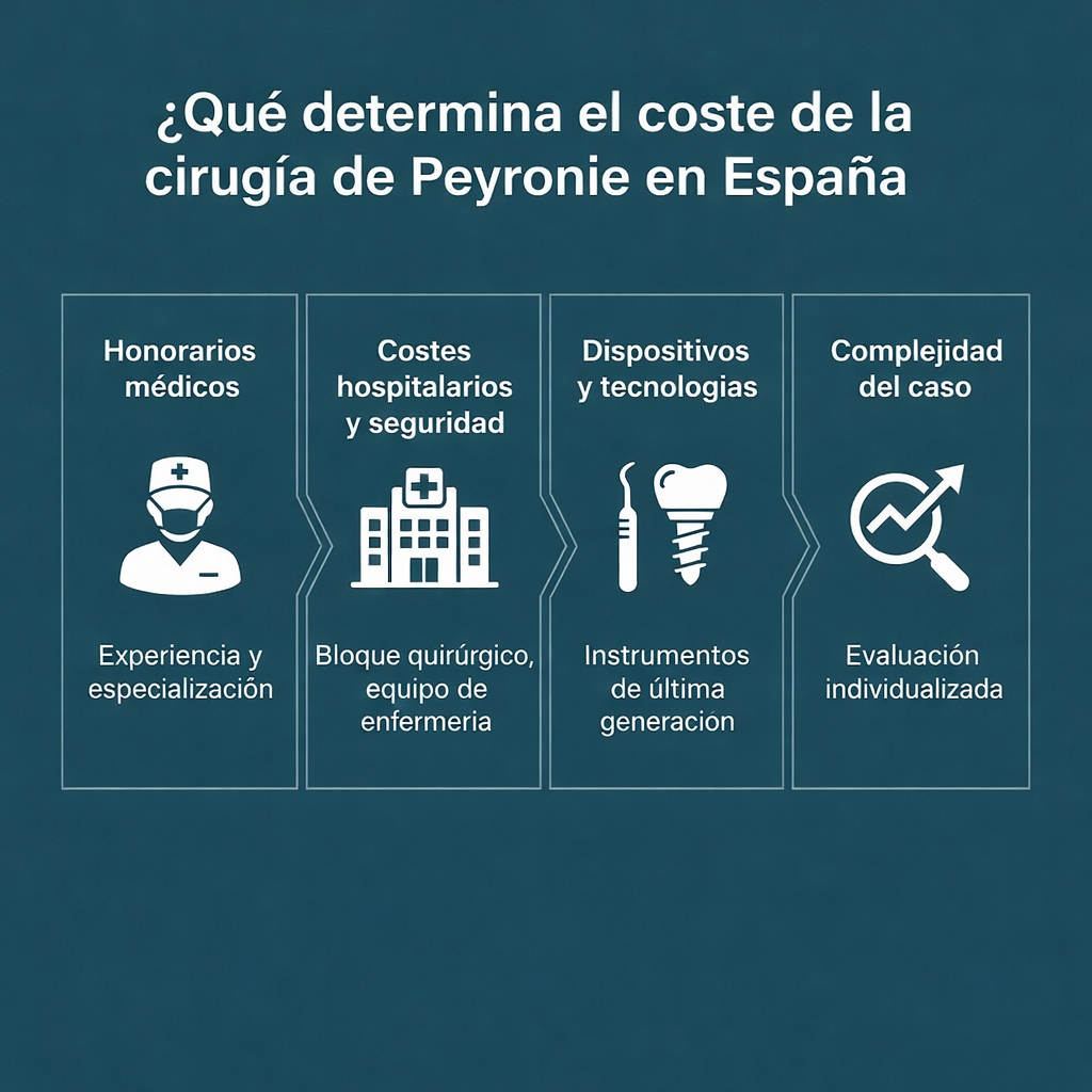Infografía limpia que muestra los principales factores que influyen en el precio de la cirugía de Peyronie en Portugal. Honorarios médicos: icono de cirujano que indica experiencia y especialización. Costes hospitalarios y seguridad: icono de hospital, quirófano y equipo de enfermería. Dispositivos y tecnologías: icono de prótesis o instrumentos quirúrgicos avanzados. Complejidad del caso: icono de gráfico o análisis que representa una evaluación individualizada. Fondo azul petróleo, elementos y textos en blanco, estilo minimalista y educativo, lectura rápida y enfoque visual en la comprensión de los factores que impactan el coste de la cirugía.