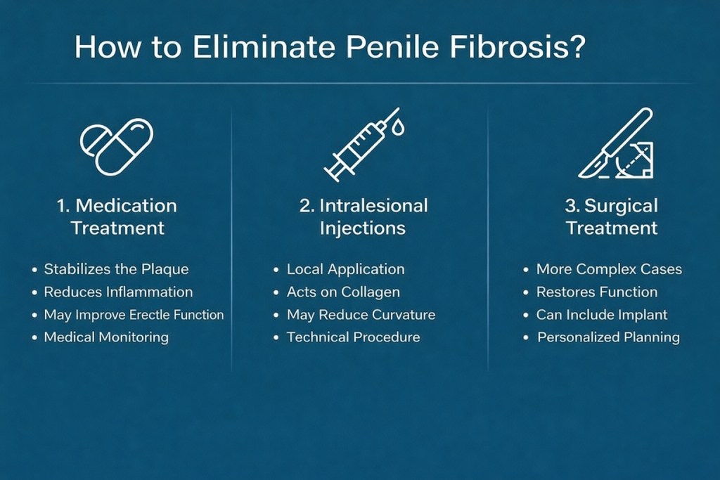Infographic on a dark teal background titled “How to Treat Penile Fibrosis?”, organized into three vertical blocks with minimalist white icons. The first block presents “Medication-Based Treatment,” represented by a pill, highlighting plaque stabilization, inflammation control, and medical follow-up. The second block shows “Intra-plaque Injections,” with a syringe icon, indicating local application and action on collagen. The third block presents “Surgical Treatment,” with a scalpel icon, referring to more complex cases and recovery of function. Clean design with limited text and a comparative visual focus.