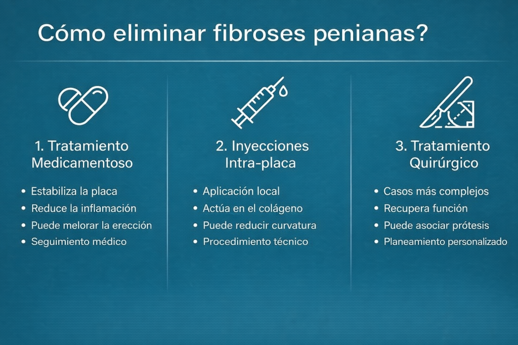 Infografía con fondo azul petróleo titulada “¿Cómo tratar la fibrosis peniana?”, organizada en tres bloques verticales con iconos blancos minimalistas. El primer bloque presenta “Tratamiento Medicamentoso”, representado por una pastilla, destacando estabilización de la placa, control de la inflamación y seguimiento médico. El segundo bloque muestra “Inyecciones Intraplaca”, con icono de jeringa, indicando aplicación local y acción sobre el colágeno. El tercer bloque presenta “Tratamiento Quirúrgico”, con icono de bisturí, refiriéndose a casos más complejos y recuperación de la función. Diseño limpio, con poco texto y enfoque visual comparativo.