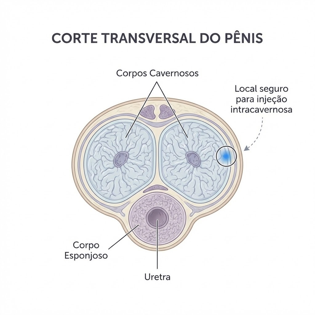Ilustração anatómica do pénis em corte transversal, destacando os corpos cavernosos onde é administrada a injeção peniana.