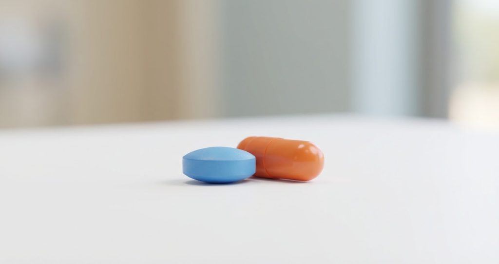 Comprimido azul e cápsula laranja sobre superfície branca representando os medicamentos no tratamento da disfunção erétil