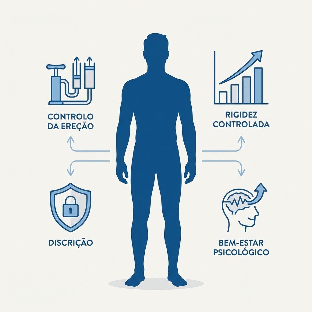 Ilustração informativa sobre a prótese peniana insuflável e os seus possíveis efeitos na saúde sexual masculina.