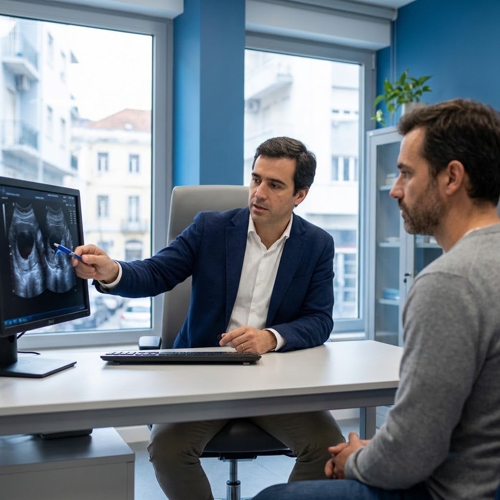 Urólogo en consulta en una clínica moderna en Lisboa, analizando estudios en un monitor y comentando con un paciente adulto el momento adecuado para la cirugía de la enfermedad de Peyronie.