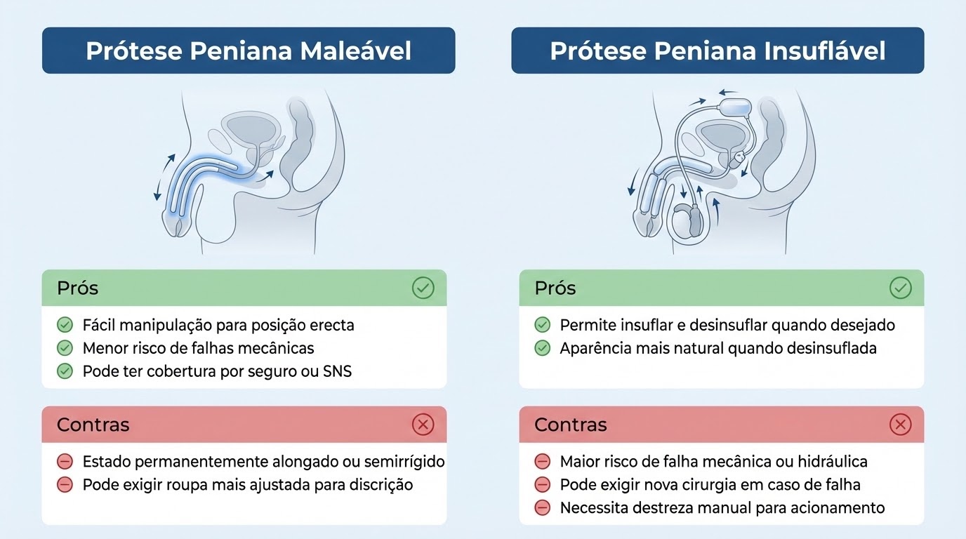 Infográfico médico comparativo em fundo claro mostrando uma tabela lado a lado entre prótese peniana maleável e prótese peniana insuflável. Cada coluna apresenta secções de “Prós” e “Contras” destacadas com ícones verdes e vermelhos. A parte da prótese maleável indica fácil manipulação e menor risco mecânico, mas estado permanente semirrígido. A parte da prótese insuflável destaca controlo da ereção e aparência mais natural quando desinsuflada, com menção a possível falha mecânica. Inclui ilustrações médicas esquemáticas discretas dos dispositivos internos, em estilo clínico e profissional.
