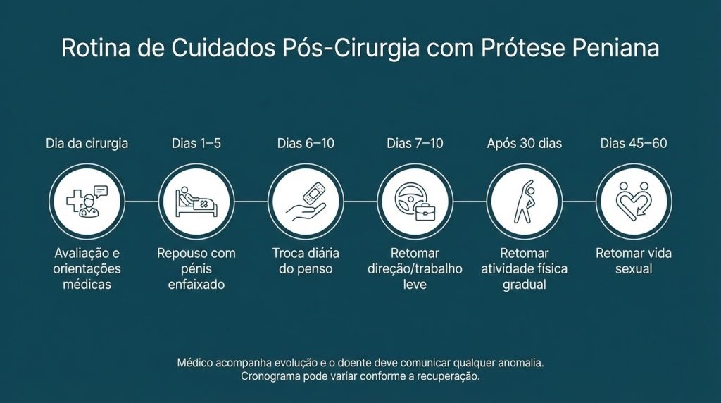 Infográfico em fundo azul petróleo mostrando a rotina de cuidados pós-cirurgia com prótese peniana em formato de linha do tempo. Cada etapa apresenta um ícone branco minimalista: avaliação médica no dia da cirurgia, repouso com pénis enfaixado nos primeiros 5 dias, troca diária do penso entre o 6º e 10º dia, autorização para dirigir e retomar trabalho leve entre o 7º e 10º dia, retomada gradual da atividade física após 30 dias e retorno à vida sexual entre 45 e 60 dias. Nota inferior indica acompanhamento médico contínuo e comunicação imediata de qualquer anomalia. Estilo clean, educativo e de fácil compreensão.