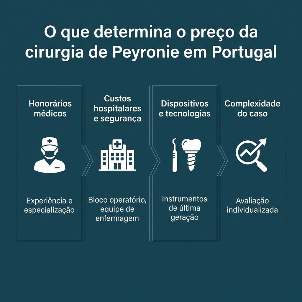 Infográfico clean mostrando os principais fatores que influenciam o preço da cirurgia de Peyronie em Portugal. Honorários médicos: ícone de cirurgião, indicando experiência e especialização Custos hospitalares e segurança: ícone de hospital, bloco operatório e equipe de enfermagem Dispositivos e tecnologias: ícone de prótese ou instrumentos cirúrgicos de última geração Complexidade do caso: ícone de gráfico ou análise, representando avaliação individualizada Fundo azul petróleo, elementos e textos em branco, estilo minimalista e educativo, com leitura rápida e foco na compreensão visual dos fatores que impactam o custo da cirurgia.