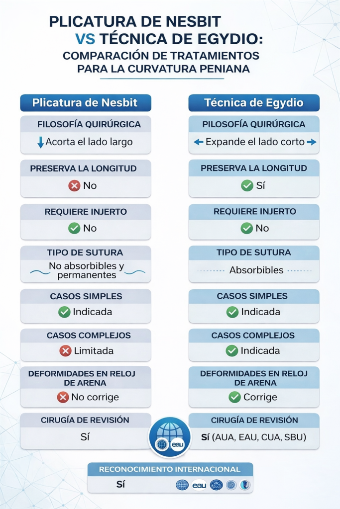 Infografía comparativa entre Técnica Egydio vs plicatura de Nesbit en tonos blanco y azul