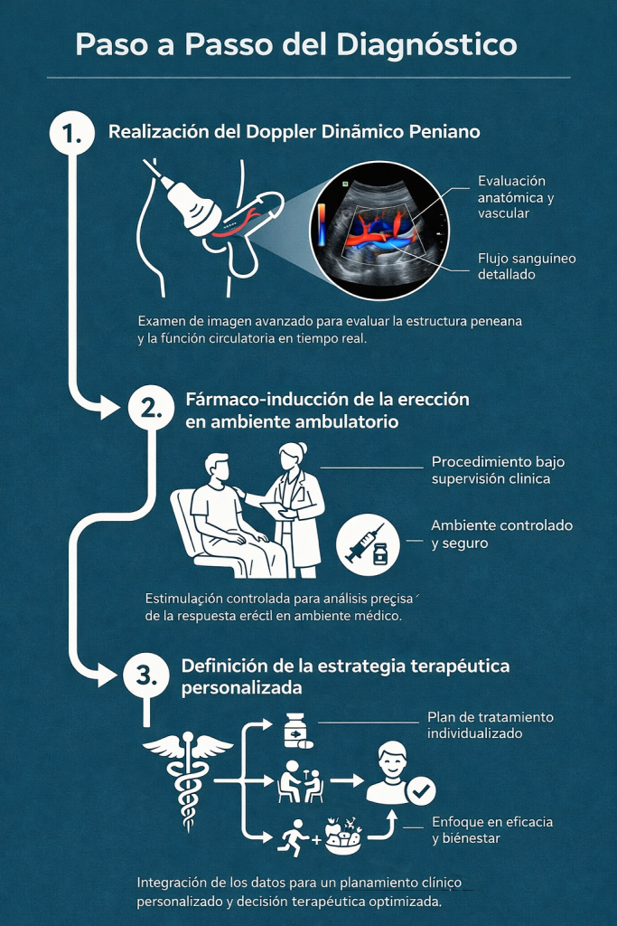 Infografía en formato vertical titulada “Paso a paso del diagnóstico”, con fondo azul petróleo y elementos en blanco. El diseño presenta tres etapas secuenciales: 1) Realización del Eco-Doppler Peniano Dinámico, ilustrado con imagen de ultrasonido con flujo colorido, destacando evaluación anatómica y vascular; 2) Fármaco-inducción de la erección en entorno ambulatorio, representada por ilustración médica discreta del procedimiento con supervisión clínica; 3) Definición de la estrategia terapéutica personalizada, simbolizada por icono médico y esquema de planificación clínica. El diseño es minimalista, profesional y con poco texto, enfatizando la secuencia lógica del diagnóstico hasta la decisión terapéutica.