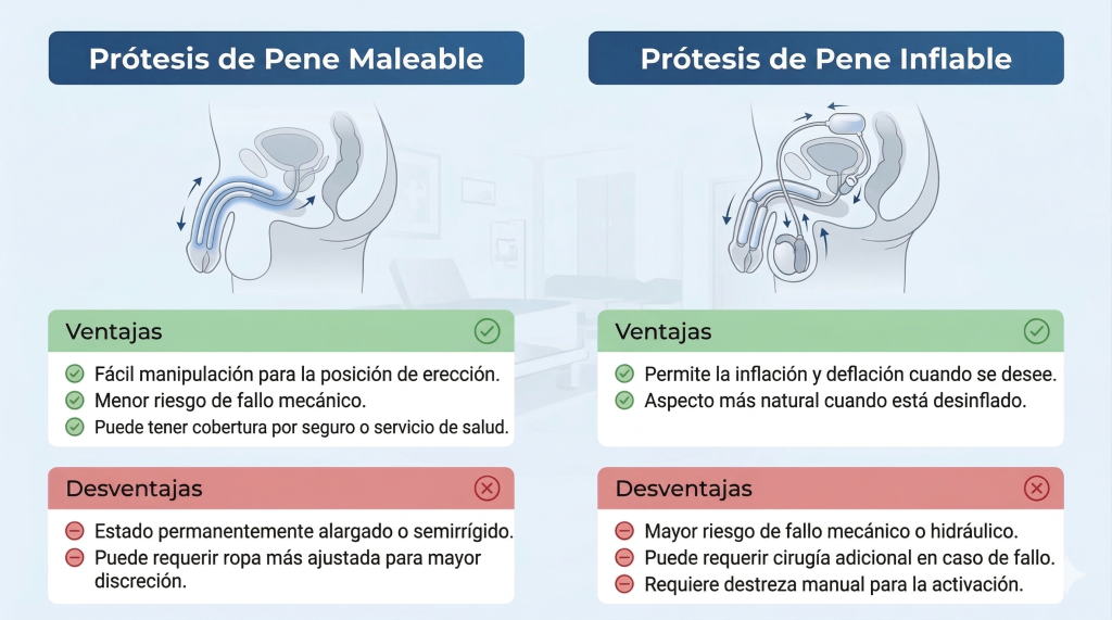Infografía médica comparativa sobre fondo claro que muestra una tabla lado a lado entre prótesis peniana maleable y prótesis peniana inflable. Cada columna presenta secciones de “Ventajas” y “Limitaciones” destacadas con iconos verdes y rojos. La parte de la prótesis maleable indica fácil manipulación y menor riesgo mecánico, pero estado permanente semirrígido. La parte de la prótesis inflable destaca control de la erección y un aspecto más natural cuando está desinflada, con mención de posible fallo mecánico. Incluye ilustraciones médicas esquemáticas discretas de los dispositivos internos, en estilo clínico y profesional.