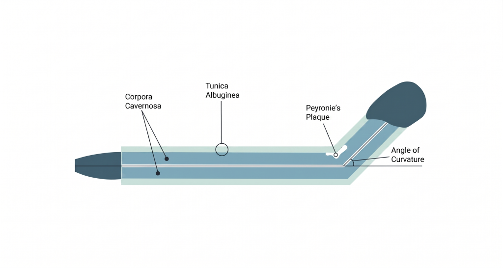 Medical illustration of the penis with fibrosis in the tunica albuginea.