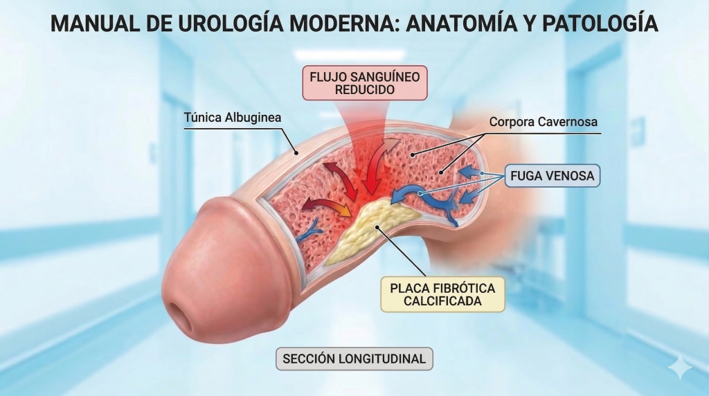 Ilustración anatómica que muestra una placa de fibrosis en la túnica albugínea causando curvatura y disfunción eréctil.