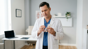 Médico urologista em consultório moderno a analisar informações clínicas em ambiente limpo e profissional, revisão de prótese peniana