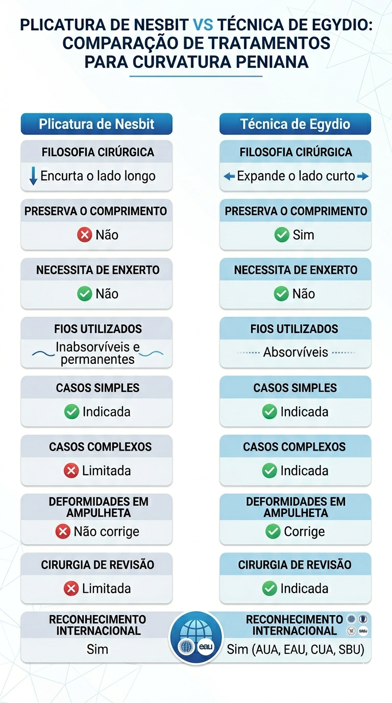 Infográfico comparativo entre Técnica Egydio vs plicatura de Nesbit em tom de branco e azul