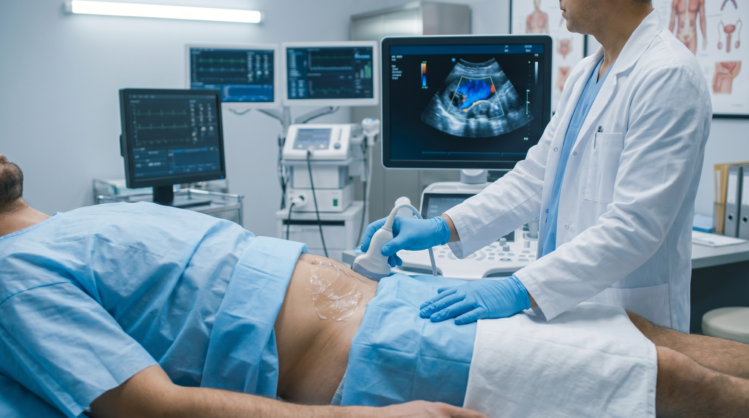 Profissional de saúde a realizar exame de ecografia com Doppler peniano na região pélvica de um doente masculino, com ecrã ao fundo exibindo imagens do fluxo sanguíneo