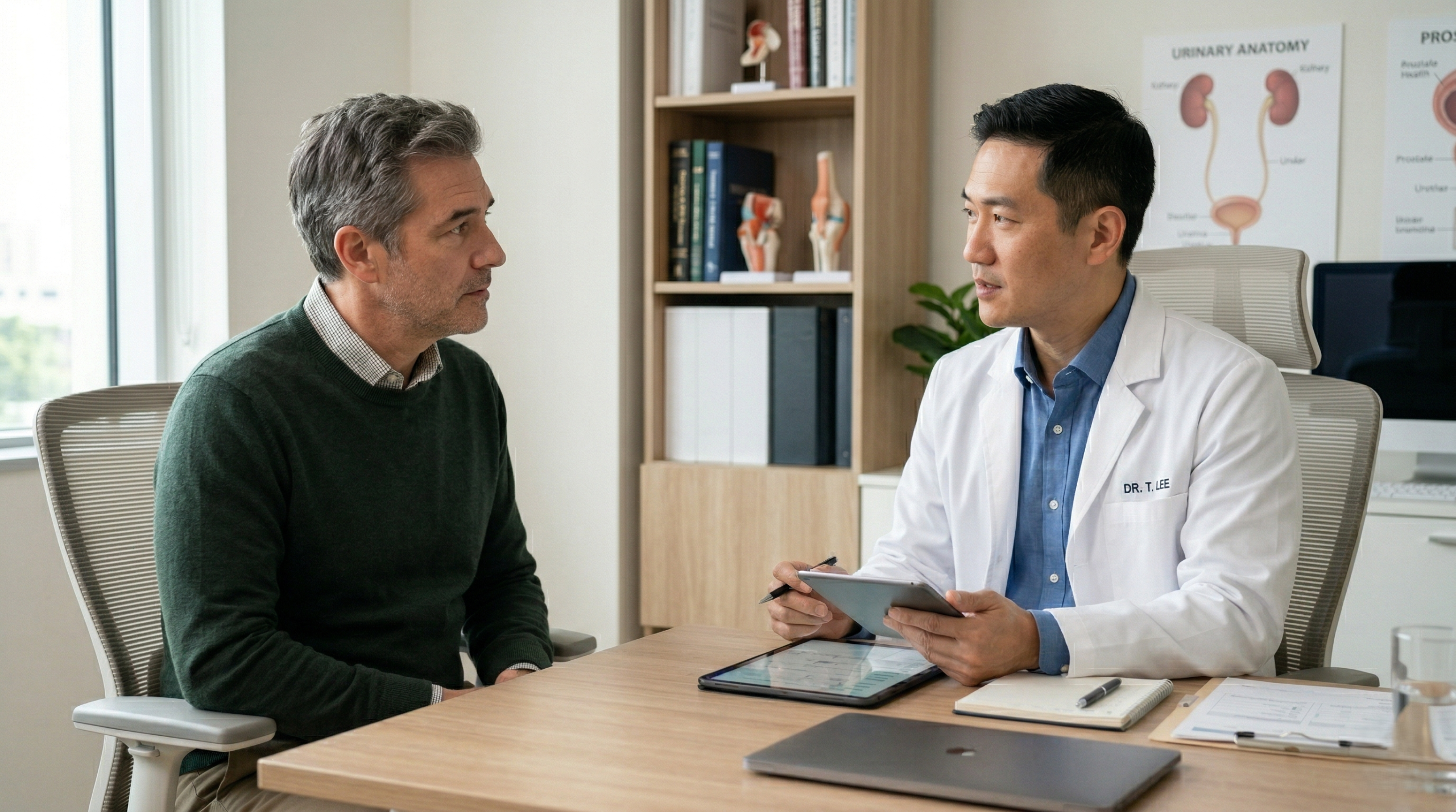 Homem adulto em consulta com médico urologista, conversando num consultório moderno e iluminado, em ambiente clínico profissional sobre fibrose peniana