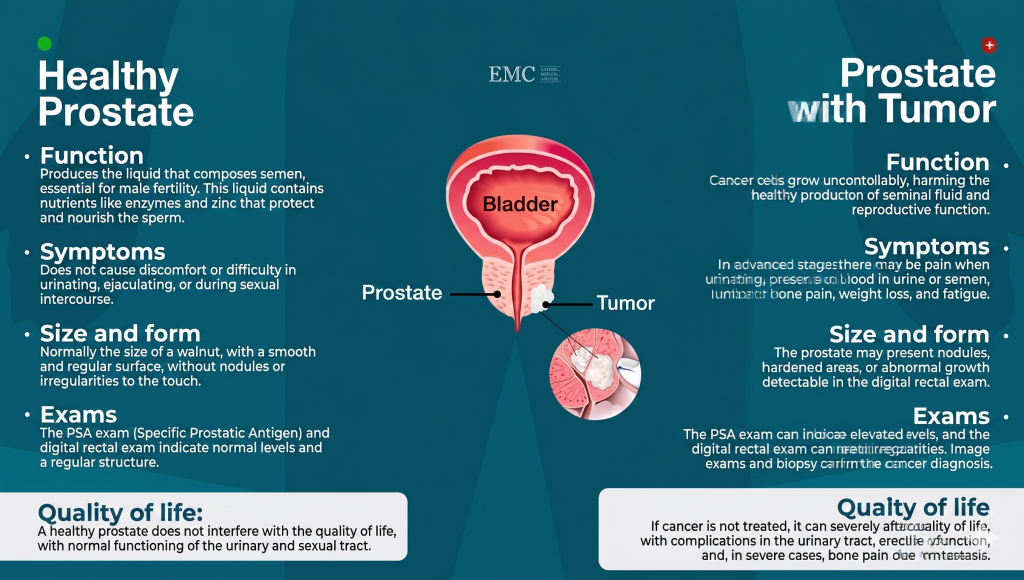 Illustrative representation of a healthy prostate and a prostate with cancer.