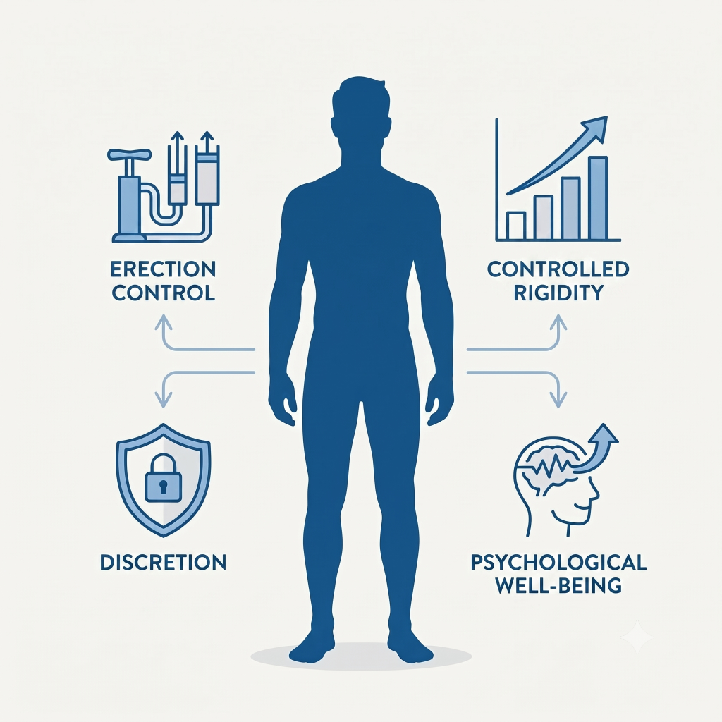 Illustration representing the benefits of an inflatable penile implant, with a man in a confident posture and symbolic elements of erection control, discretion, and improved sexual quality of life.