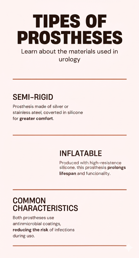 Infographic showing types of prosthesis and characteristics of penile implant durability