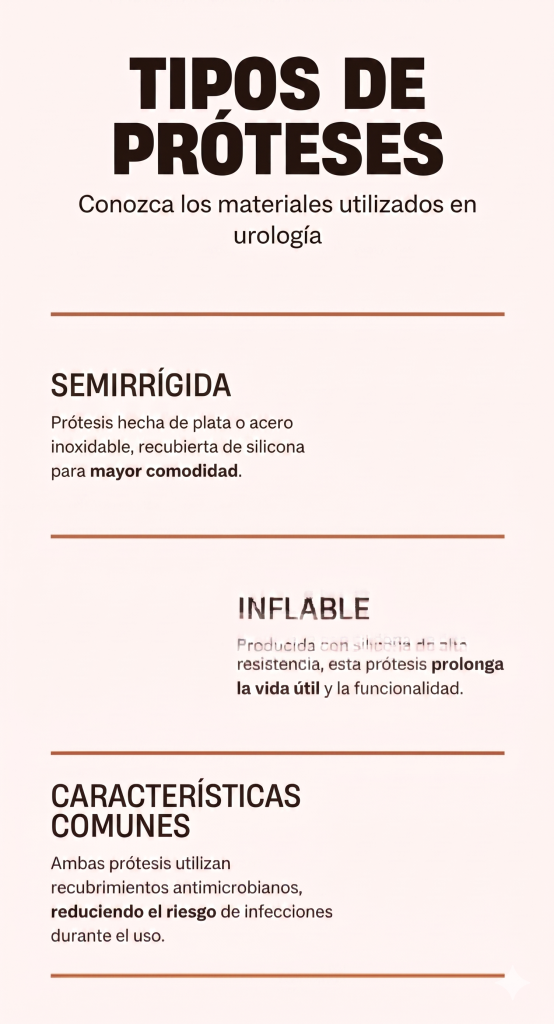 Infografía con tipos de prótesis y características de la durabilidad del implante peneano