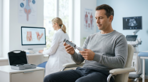 Fotografia médica de reabilitação pós-cirúrgica da Doença de Peyronie, mostrando um homem em consulta clínica com utilização de dispositivo de tração peniana sob supervisão de um profissional de saúde que indica sobre fisioterapia e extensores penianos