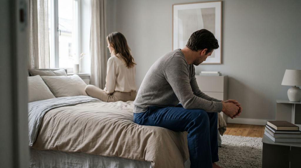 Homem sentado na beira da cama, com postura inclinada e mãos entrelaçadas, enquanto uma mulher permanece afastada ao fundo, representando tensão emocional associada à disfunção eréctil aos 40