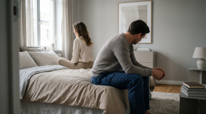 Homem sentado na beira da cama, com postura inclinada e mãos entrelaçadas, enquanto uma mulher permanece afastada ao fundo, representando tensão emocional associada à disfunção eréctil aos 40