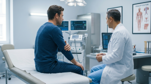 Homem em consulta com médico urologista num consultório, com foco na interação e orientação clínica, sem exposição do rosto.