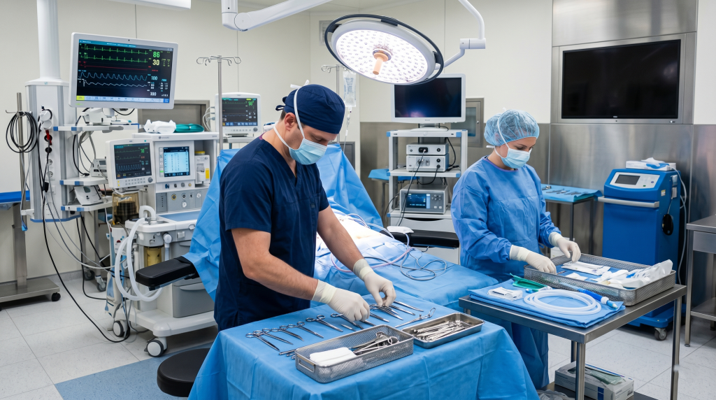 Equipa médica em bloco operatório a preparar cirurgia doença de Peyronie preço com iluminação focada e ambiente clínico controlado