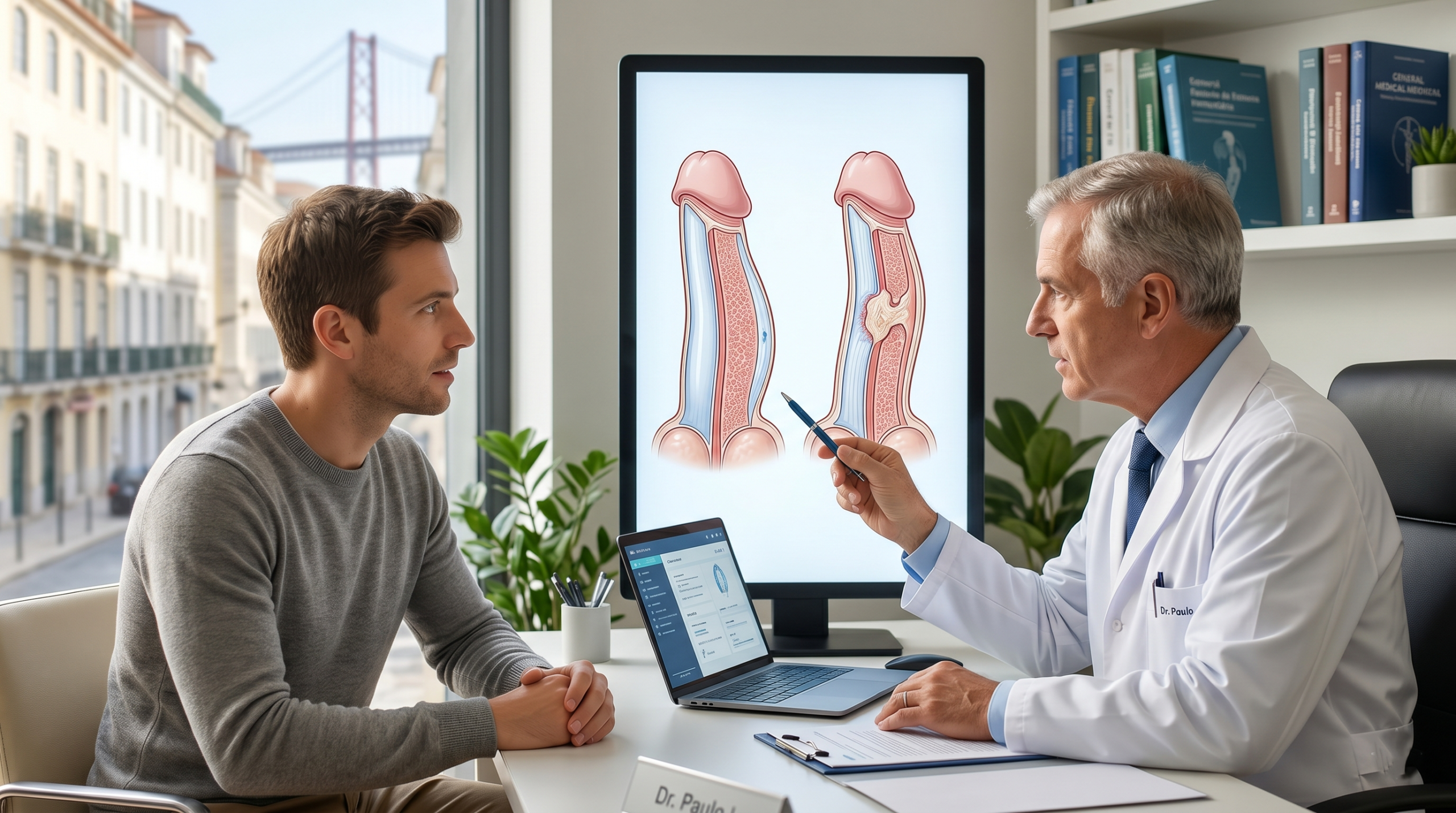 Urologista com jaleco branco aponta para um monitor de computador que exibe uma ilustração médica de um pénis com curvatura congénita e outro com Doença de Peyronie. O médico e o paciente estão sentados em uma mesa com um notebook e papéis. Ao fundo, uma janela com vista para a Ponte 25 de Abril em Lisboa.