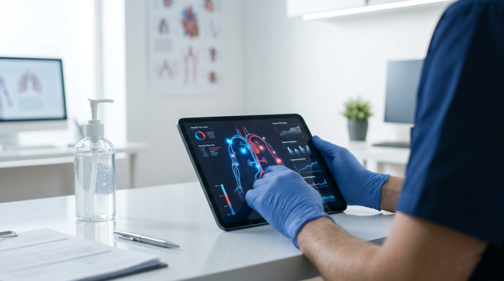 Frasco de gel para uso médico em consultório, ao lado de mão com luva examinando tablet com representação de fluxo sanguíneo, em ambiente clínico moderno e iluminado, simbolizando tratamento da disfunção eréctil e vasodilatação de forma discreta e educativa