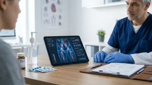 Mesa de consultório médico com medicamentos genéricos e comprimidos para disfunção eréctil, ao lado de tablet com gráficos de fluxo sanguíneo e médico em contexto clínico analisando dados, representando tratamentos farmacológicos e avaliação médica da função eréctil.