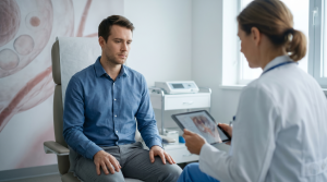 Fotografia médica de consulta urológica com um homem jovem em avaliação clínica, representando sinais iniciais da Doença de Peyronie e a importância do diagnóstico precoce.