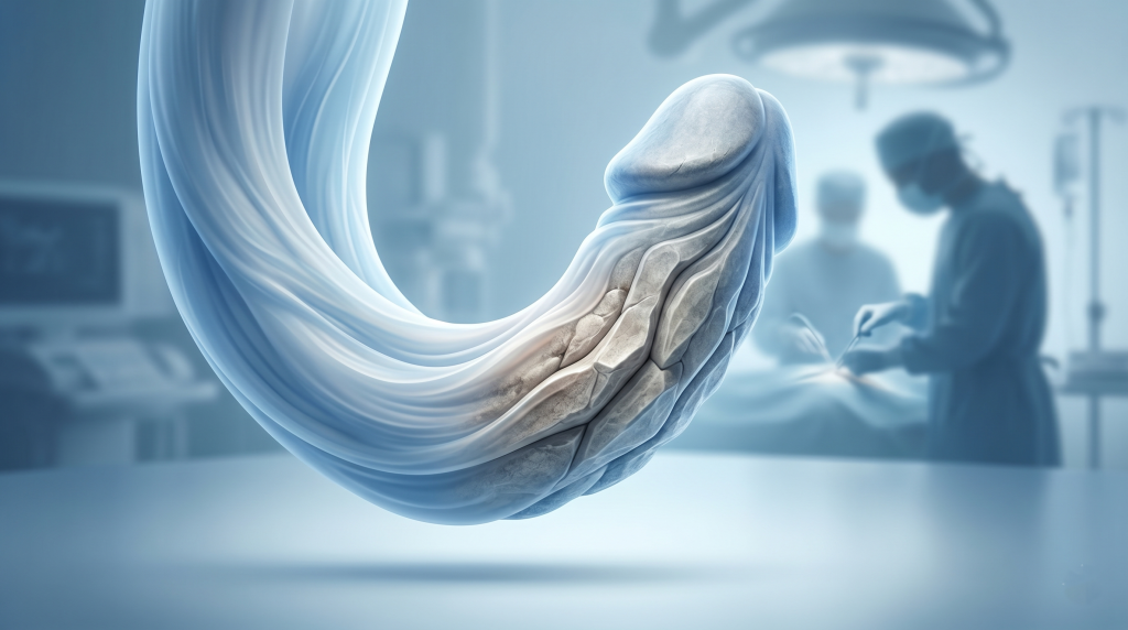Ilustração médica conceptual que representa a Doença de Peyronie calcificada, mostrando contraste entre tecido flexível e área rígida, simbolizando placa dura e a complexidade do tratamento cirúrgico.