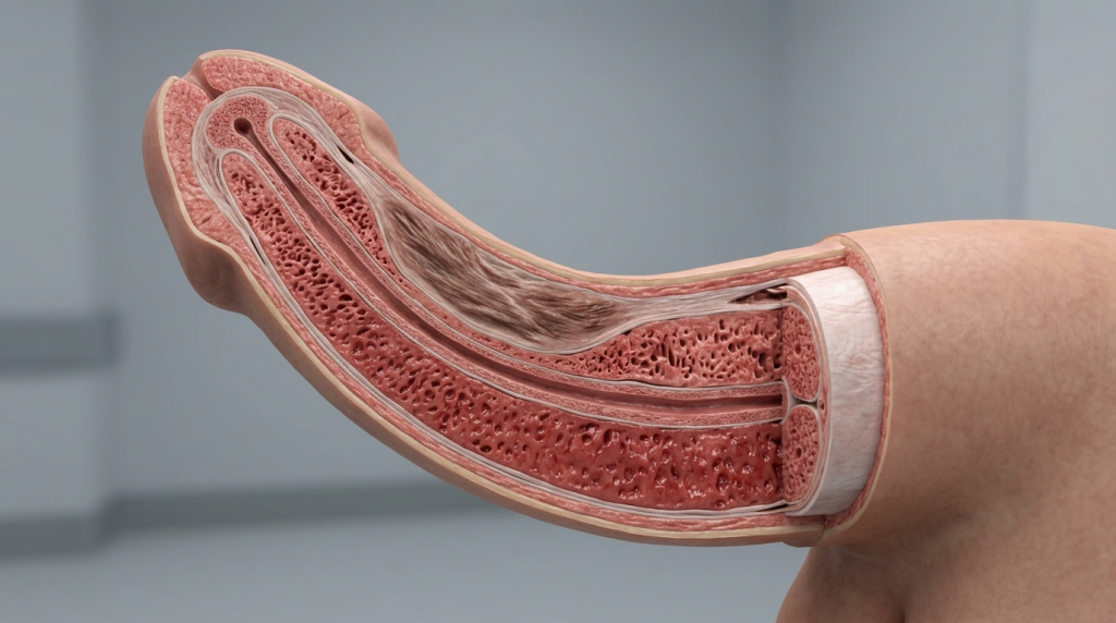 Ilustração médica em 3D do pénis em ereção parcial mostrando placa de Peyronie na túnica albugínea, com tecido fibroso rígido impedindo a expansão uniforme e provocando curvatura do eixo peniano em comparação com o lado saudável.