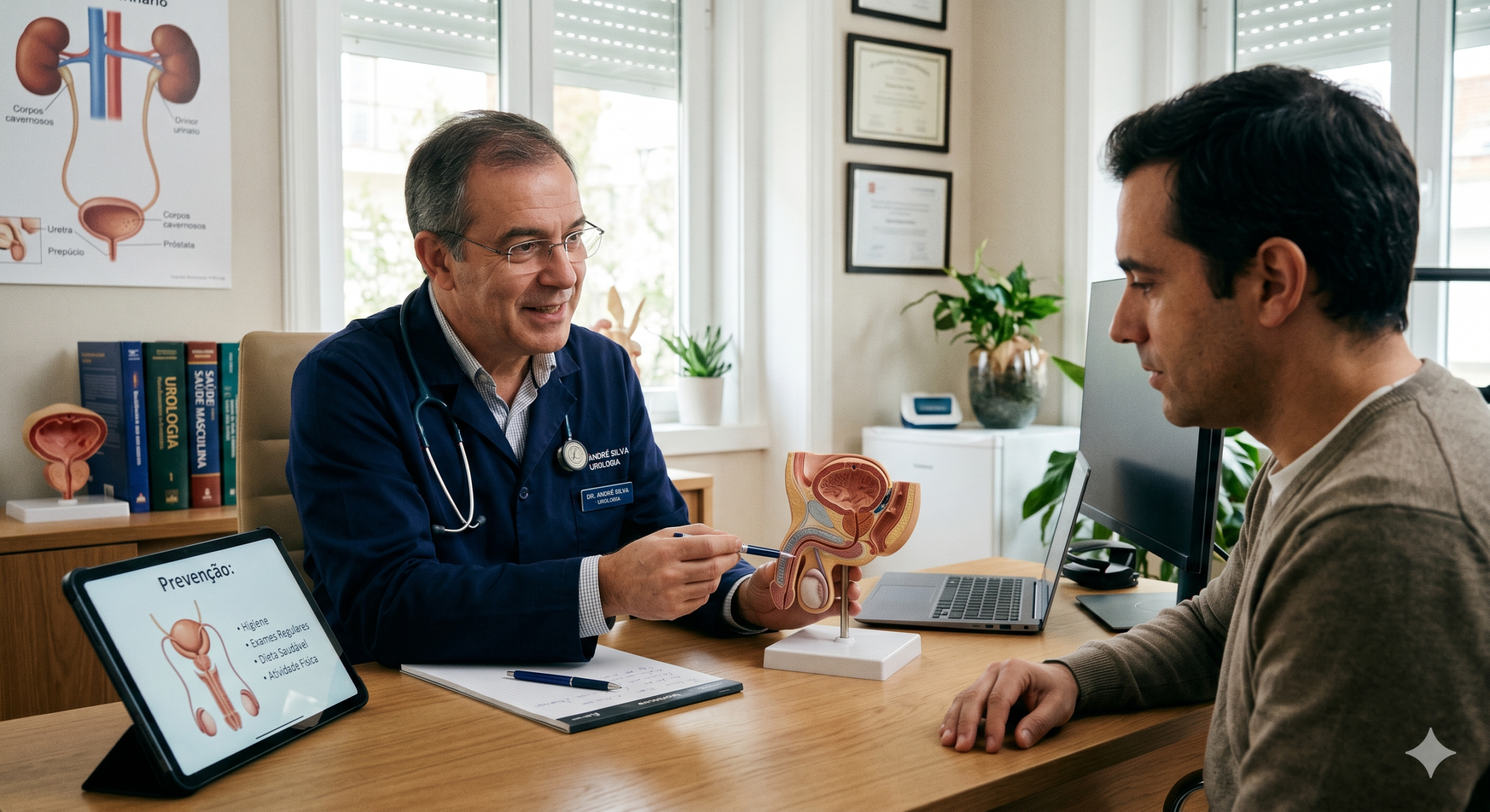 Médico urologista em consulta a explicar a anatomia do pénis e os cuidados de prevenção ao paciente, num gabinete clínico.
