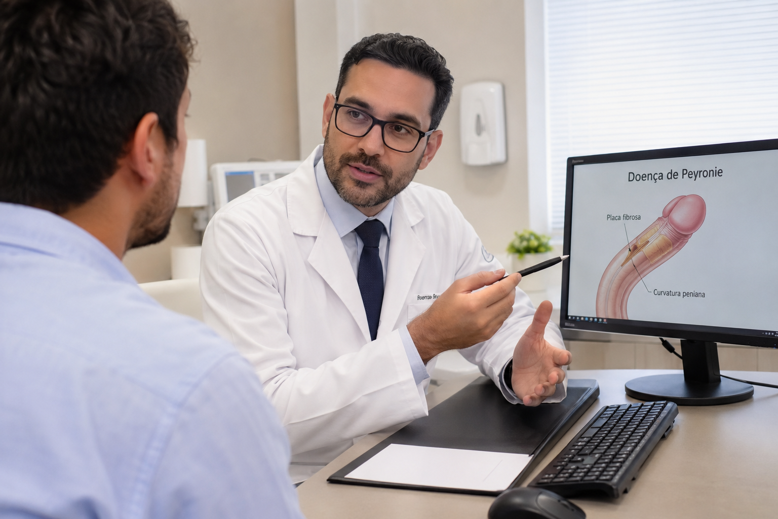 Especialista em urologia esclarece opções terapêuticas para a doença de Peyronie durante consulta clínica.