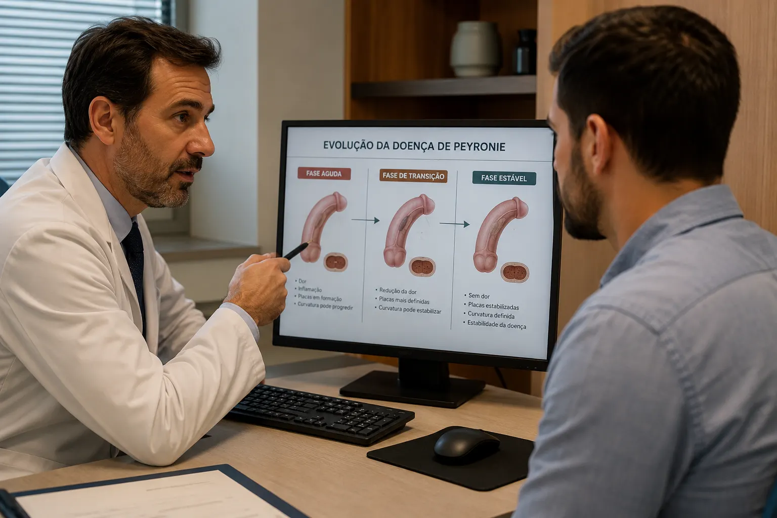 Médico conversa com paciente em consultório enquanto analisam em um monitor o infográfico “Evolução da doença de Peyronie”, com fases aguda, transição e estável.Ilustração médica da evolução da Doença de Peyronie mostrando a diferença entre a fase inflamatória e a fase estável da curvatura peniana.