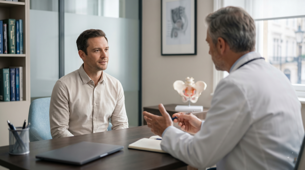 Fotografia de consulta médica em ambiente clínico moderno, mostrando um homem em avaliação com um médico, representando a escolha de um profissional experiente no tratamento da Doença de Peyronie.