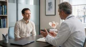 Fotografia de consulta médica em ambiente clínico moderno, mostrando um homem em avaliação com um médico, representando a escolha de um profissional experiente no tratamento da Doença de Peyronie.