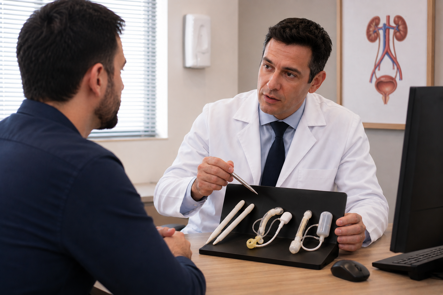 Especialista em urologia explica os diferentes tipos de prótese peniana durante uma consulta especializada.