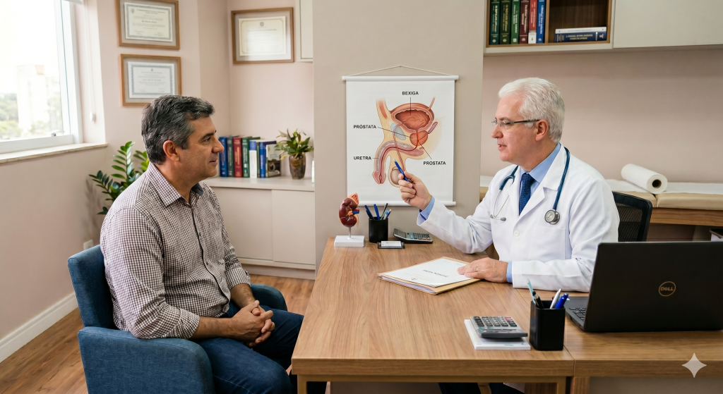 Médico urologista em seu consultório explicando a anatomia masculina a um paciente. A cena detalha o especialista de jaleco e o paciente ouvindo atentamente, com uma mesa de atendimento contendo um notebook e papéis.