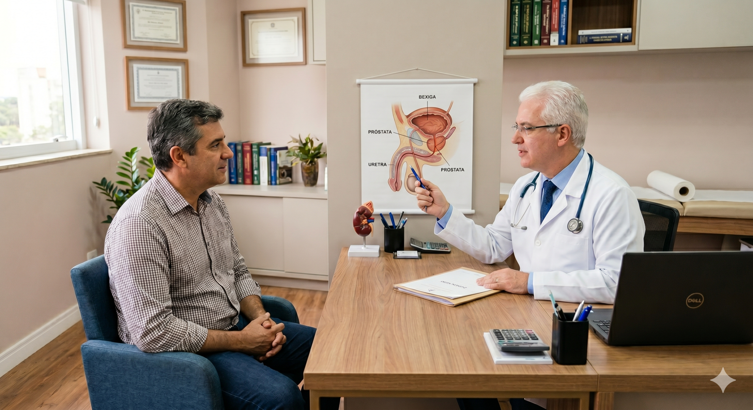 Médico urologista em seu consultório explicando a anatomia masculina a um paciente. A cena detalha o especialista de jaleco e o paciente ouvindo atentamente, com uma mesa de atendimento contendo um notebook e papéis.