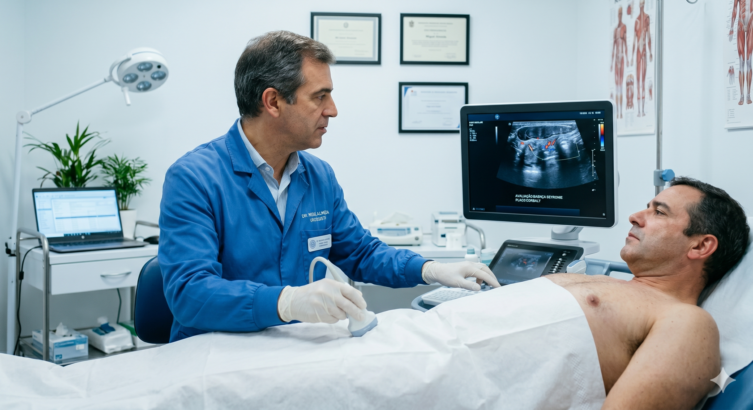 Especialista realiza ecografia peniana durante avaliação clínica de doente com suspeita de Doença de Peyronie.