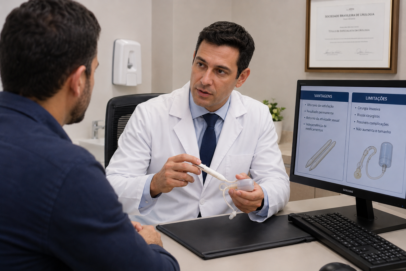 Especialista em urologia esclarece as vantagens e limitações da prótese peniana durante uma consulta especializada.